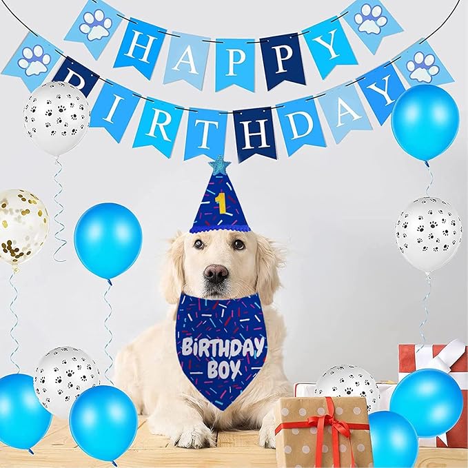 Dog Birthday Bandana Set, Blue Birthday Boy Decorations, HBD Party Supplies with Hat Kerchief Numbers for Pets (Blue)