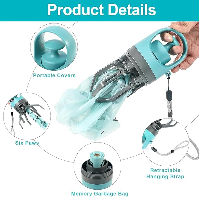 Pooper Scooper for Dog, Portable Dog Poop Holder with Waste Bag Pouch, Sanitary Pet Waste Picker Upper with Claw Pickup Tool, Small & LargeDogs Poop Scoop, Travel Pet Accessories for Walking