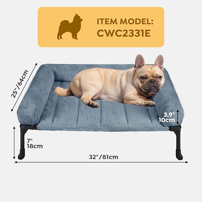 Veehoo Orthopedic Elevated Dog Bed with Fluffy Plush Bolster Cushion, Indoor Raised Dog Beds for Large Dogs, Soft Pet Sofa Cot with Removable Washable Mat, No-Slip Feet, 32 x 25 inches, Haze Blue