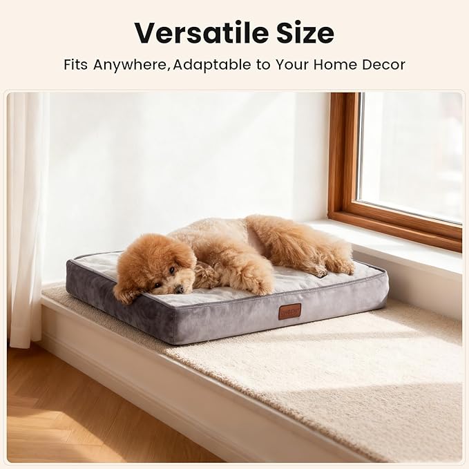 OhGeni Orthopedic Waterproof Dog Bed for Small Dogs, Machine-Washable Removable Cover in Easy-Clean Fabric, High Density Foam & Easy-Carry Handle, Suitable for Crate, 24 inch (Gray)