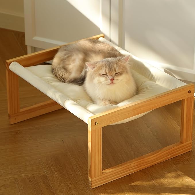 FUKUMARU Cat Bed Hammock, Cozy Velvet Cat Couch for Indoor Cats, Raised Wooden Cats Perch, 21 Inch Pet Sofa, Outdoor Dog Beds, Suitable for Puppy, Bunny and Small Animal, White