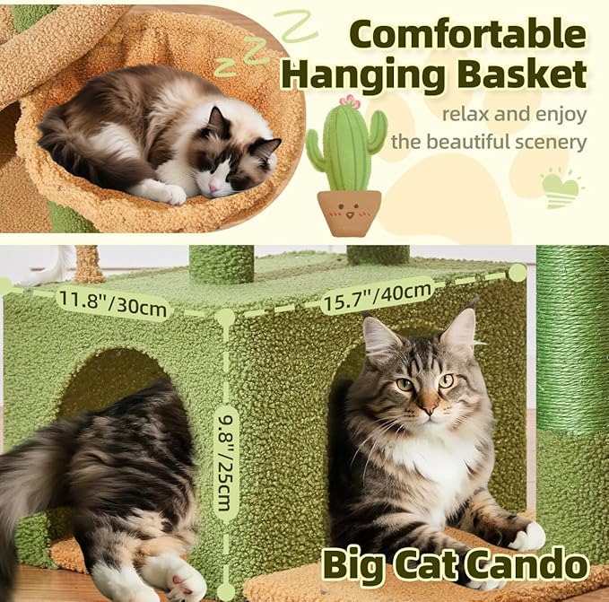 Taoqimiao MS043T Cat Tree, 32.2-Inch Cat Tower for Indoors Cats, Cat Condo with Large Cat Perch, Spacious Cat Cave, Scratching Posts for Small and Medium Cats, Cactus
