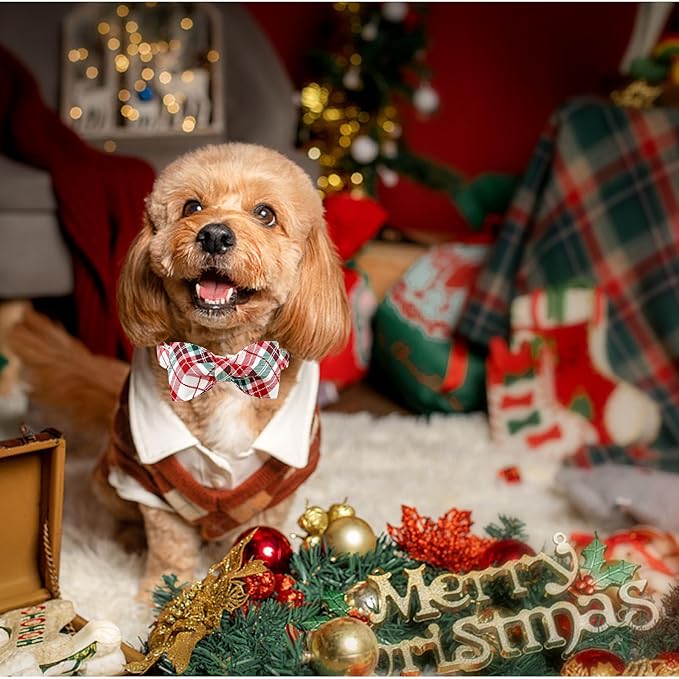 Dog Collar, Christmas Dog Collar Plaid Pet Collar Bow Holiday Bows Girl Boy Puppy Collar Adjustable Pet Collar for Small Dogs