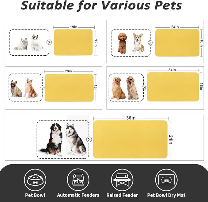 Dog Food Mat - Absorbent Cat Mat for Food and Water, No Stains Pet Feeding Bowl Mat, Easy to Clean Pet Placemats, Quick Dry Dog Water Dispenser Mat for Messy Drinkers | Yellow 18"x 28"