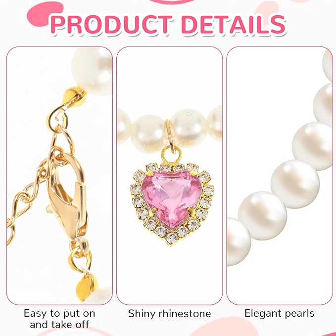 2pcs Cute Girl Cat Collar, Fancy Dog Pearl Necklace Collars Adjustable Pearl Dog Cats Collars with Small Heart Shape Rhinestone for Small Dogs and Cats, Pink Heart + White Heart