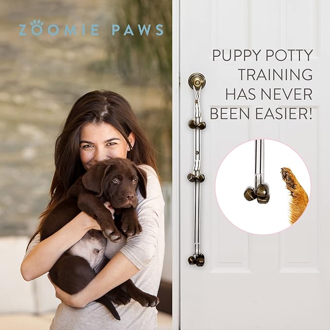 Dog Puppy Training Bell Potty and Outdoor Training Doorbell - Zoomie Paws, Black and White Strap with Bells