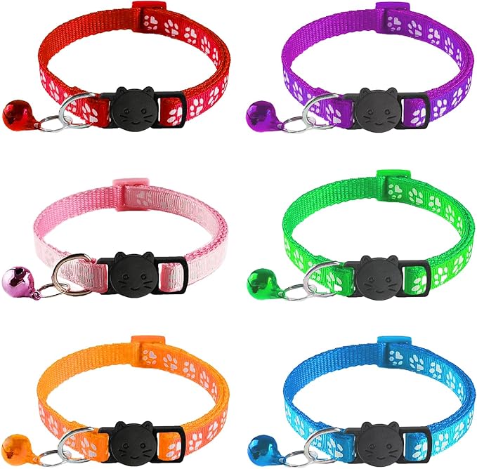 6 Pack Breakaway Cat Collar with Bells, Claw Print Design, Safety Buckle Kitten Collars, 0.4 Inches Width Lightweight, Adjustable 7.5-12.5 Inches Suitable for Girl Boy Cats
