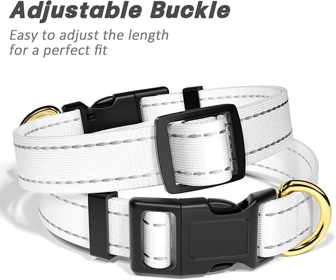 Reflective Dog Collar for Medium Dogs, Cute Adjustable Heavy-Duty Nylon Puppy Collars for Boy and Girl Female, Soft Pet Accessories with Quick Release Buckle, Neck 14-20", White
