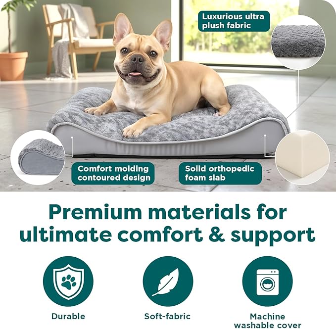 FurHaven Orthopedic Dog Bed for Medium Dogs, Luxe Lounger Contour Mattress with Solid Orthopedic Foam Slab for Joint Support, Removable Washable Cover, Medium, Faux Fur & Suede, Gray