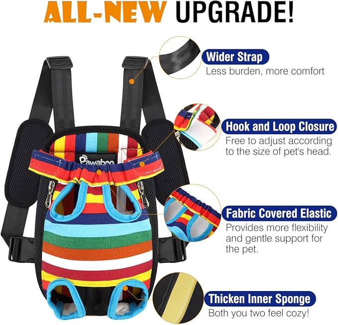 Pawaboo Pet Carrier Backpack, Adjustable Pet Front Cat Dog Carrier Backpack Travel Bag, Legs Out, Easy-Fit for Traveling Hiking Camping for Small Medium Dogs Cats Puppies, Medium, Colorful Strips