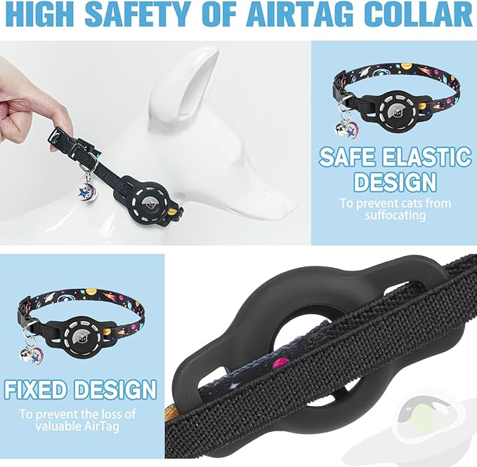 BINGPET AirTag Cat Collar with Bells, Upgraded Safety Elastic Cat Collar with Airtag Cat Collar Holder, Anti-Lost Cat Collars for Girl Boy Cats, Anti-Suffocation Kitty Puppy Collars