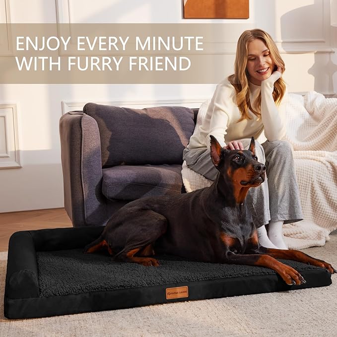 Patas Lague Orthopedic XL Dog Bed Large Sized Dog 48''X30'', Waterproof L Bolster Big Pet Sofa Beds with Removable Washable Cover, Soft Comfortable Pet Couch Crate Mat with Nonskid Bottom, Black