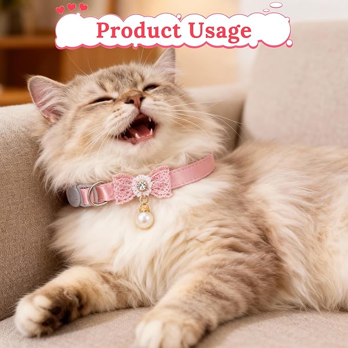 Jeffdad 4 PCS Cute Pearl Cat Collar with Bow, for Girl Cats Pink Cat Bows & Accessories Breakaway Safety Cat Bowtie Collar