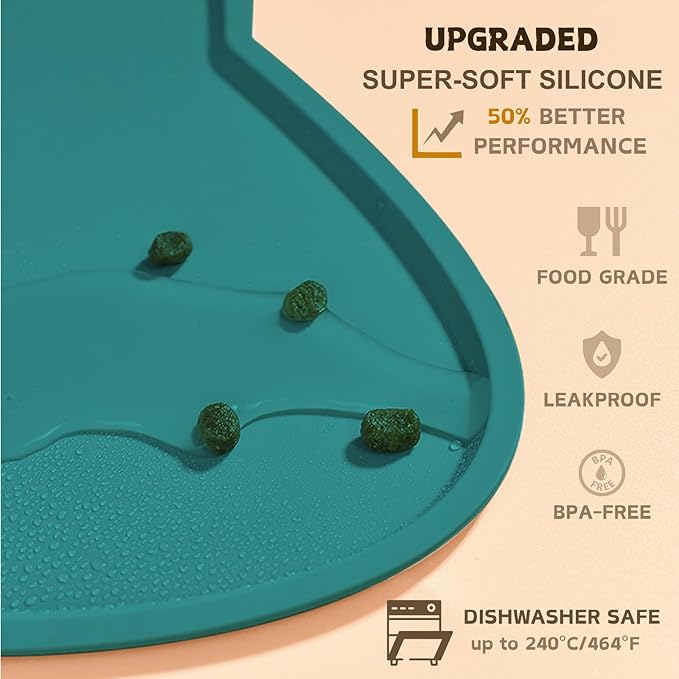 Cat Food Mat, Silicone Pet Feeding Mat for Floor Non-Slip Waterproof Dog Water Bowl Tray Cushion (20" x 12", MARRS Green)