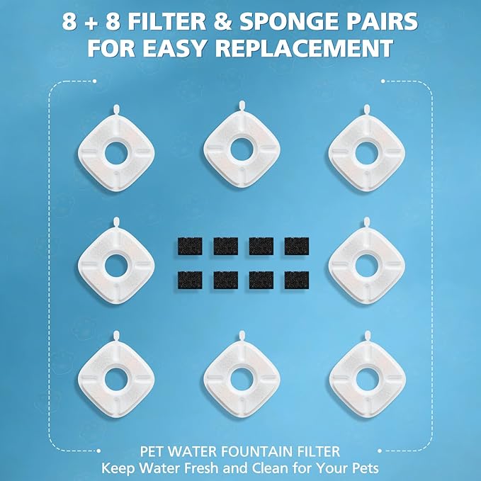 16 Pcs Cat Water Fountain Filters for Veken 95oz/2.8L, 67oz, 85oz, 135oz Dog Water Fountain Automatic Pet Fountain Dog Water Dispenser 8 Pcs Pet Fountain Filter Replacement & 8 Pcs Pre-Filter Sponges
