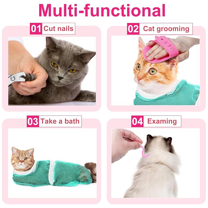 10 Pcs Cat Bathing Bag Set Pet Mesh Shower Bag Anti Bite and Scratch Pet Grooming for Washing Brush, Cat Muzzle, Nail Clipper, Nail File, Tick Tool(Blue and Pink)