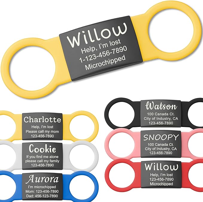 Anavia Slide On Silent Pet ID Tags, S/M/L/XL Personalized Black Stainless Steel Colored Silicone Cat Dog Name Tag, Customized Engraved Nameplate, Quiet Chew-Proof Pet Collar Tag (Yellow, Small)