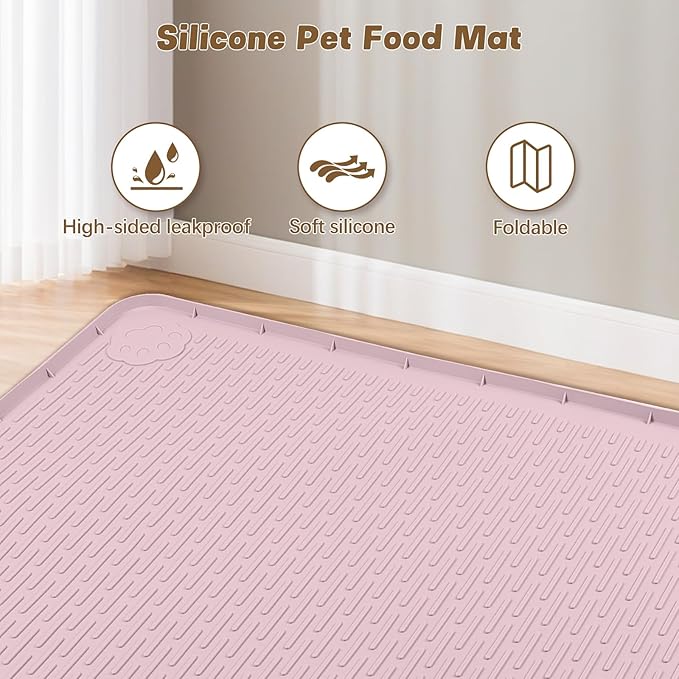 Cat Food Mat, 34" x 22" Large Silicone Pet Feeding Mat for Food and Water Bowls Non-Slip, Easy to Clean (Pink)