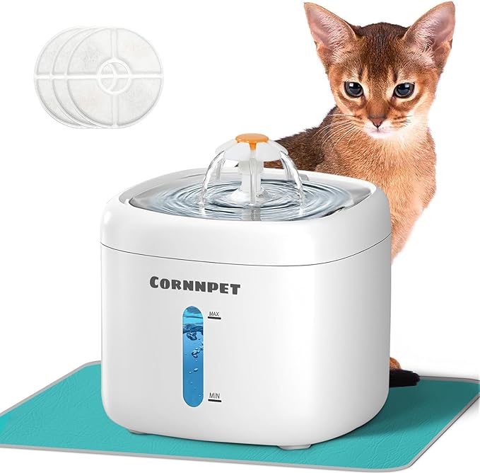 Cat Water Fountain 2.2L with 3 Filters and 1 Mat, Dual Flow Modes Dog Water Fountain with Ultra Silent and Auto Stopping for Small Kitty Cats and Dogs - White