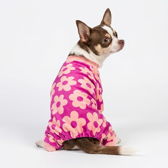 Fitwarm Flower Fleece Dog Pajamas, Warm Winter Dog Clothes for Small Dogs Girl, Cozy Pet Onesie with Feet, Pink, Medium
