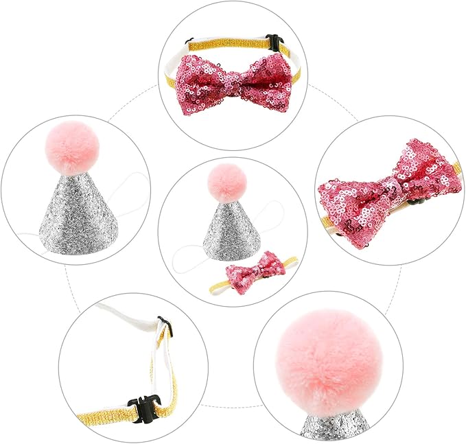 SATINIOR 4 Pieces Cat Birthday Hat Bowtie Small Dog Hat Headband Topper Bowtie Adjustable Cute Puppy Birthday Costume Accessories for Cat Small Medium Pet(Lake Blue and Pink,Style A)