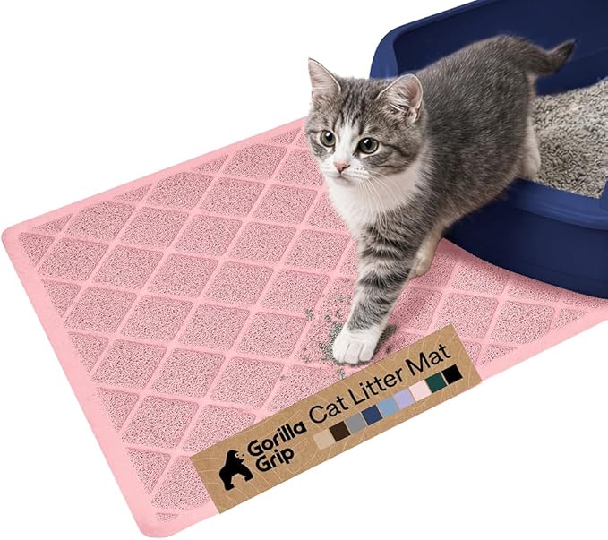 GORILLA GRIP Cat Litter Box Mat, Water Resistant, US Designed Kitty Litter Trapping Mats, Easy to Clean, Scatter Control, Less Mess and Clean Floors, Kitten Supplies for Indoor Cats, 17x11 Light Pink