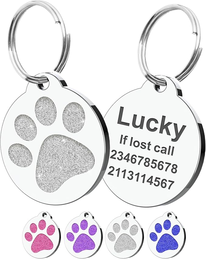 Dog Tags Personalized for Pets Dog Name Tags Personalized Dog Tag Engraved with Any Name & Text Custom Dog ID Tags Glitter Bone ID Tag for Puppy Cat (Silver-Round, S)