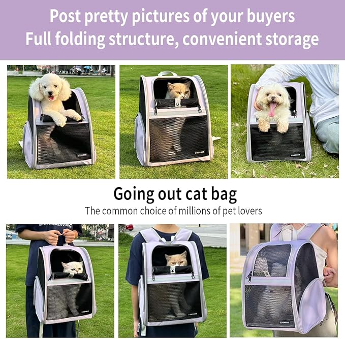 Cat Backpack Carrier for Small Dogs and Medium cat Puppy Kitten Bunny Pet Carrier Backpack Collapsible with Fully Ventilated Mesh with Safety Leash (Purple, 12.9" L x 10.62" W x 15.5" H - M)