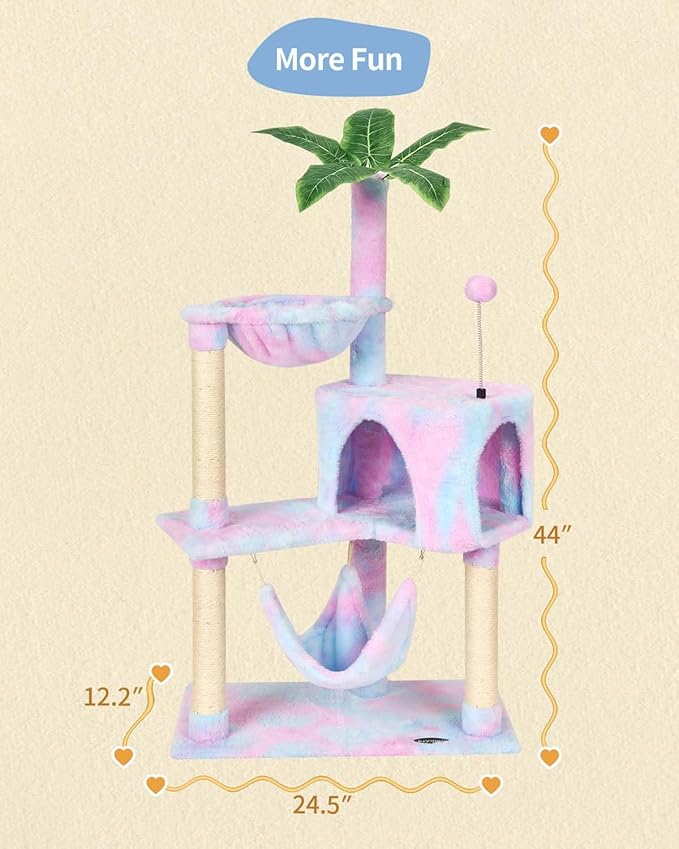 KIYUMI Cat Tree Cat Tower Condo with Sisal Scratching Post for Indoor Cats Tree Furniture with Hammock Perch and Kitten Ball Toys, Multi-Level Pet Activity Center (Rainbow)