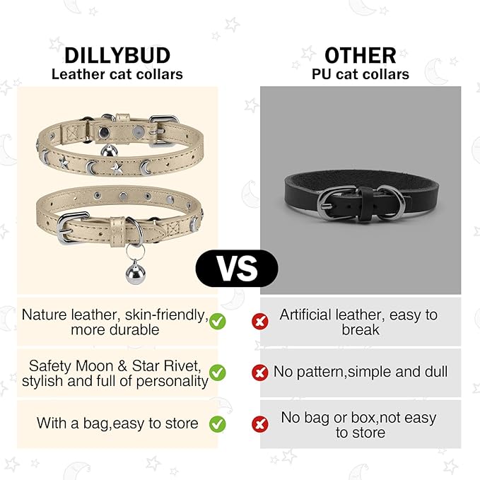 Leather Cat Collars for Boy Girl Cats with Bell and Safety Elastic Belt, Personalized Star and Moon Stud Adjustable Safe Buckle Collar for Kitty Small Big Cats Size 7-9 Inch, Gold