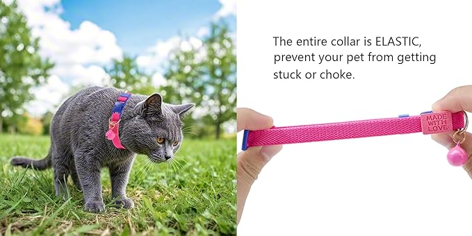 Elastic Cat Collar 2 Pack of Safety Quick Release Cat Collars with Bell Anti-Suffocation Kitten Puppy Collars(Yellow+Hot Pink)