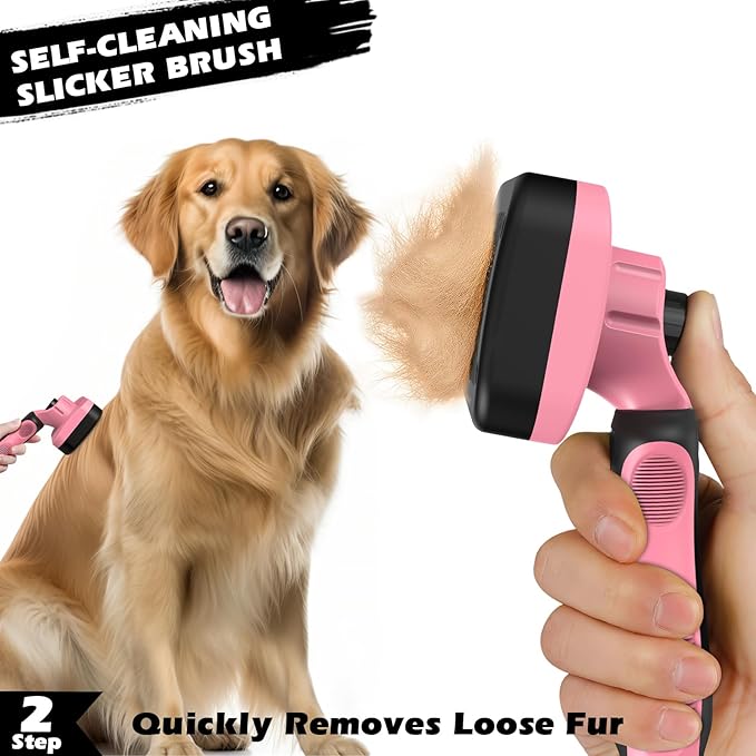 3PCS Self Cleaning Slicker Brush & Pet Grooming Rake & Flea Comb for Dogs,Cats and Horses | Double-Sided Dematting Comb & Skin Friendly Deshedding Grooming Tool | Pet Supplies (Light Pink Black)