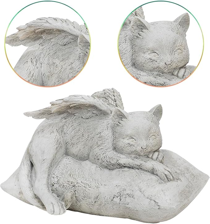 Holiberty Cat Angel Figurine Memorial Pet Stone Statue - Garden Grave Monument Marker Decor - Polyresin Dog Angel Figures Tombstone Sculpture Ornament - Loss of Kitten Sympathy Gift