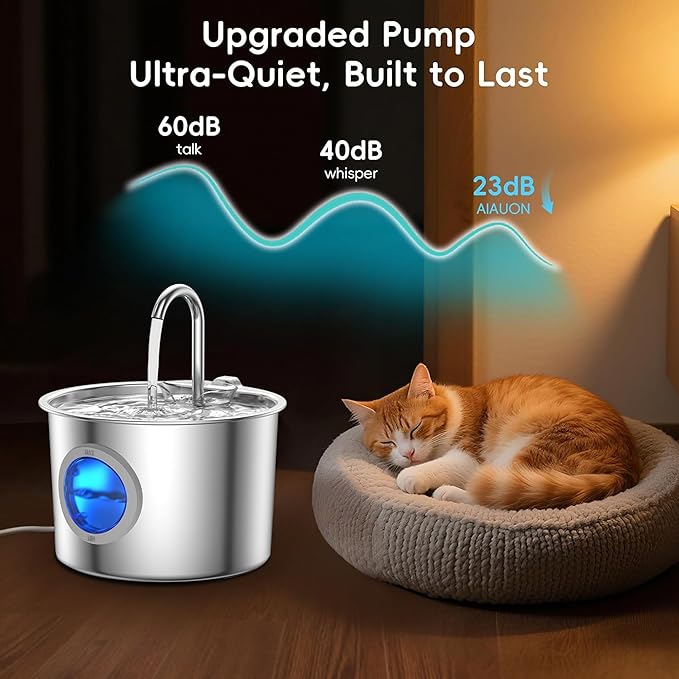 Cat Water Fountain Advanced 304 Stainless Steel 2.2L/74oz with Detachable Tank, Easy to Clean, Automatic Pet Fountain Quiet Cats Water Dispenser, Dogs (74oz Cat Fountain)