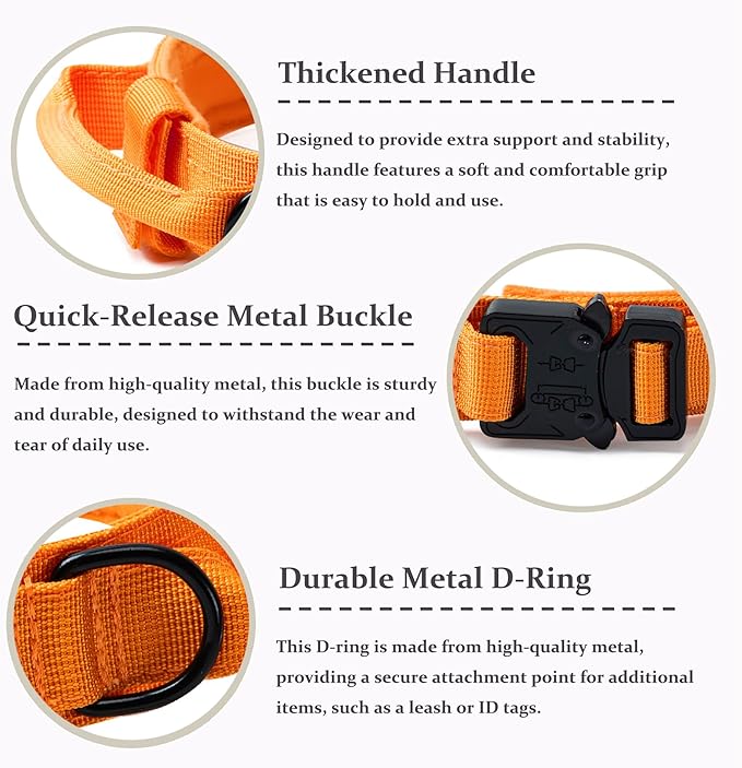 Tactical Dog Collar, Adjustable Military Training Nylon Dog Collar with Control Handle and Heavy Quick-Release Metal Buckle for Small Medium Large Dogs, Orange L