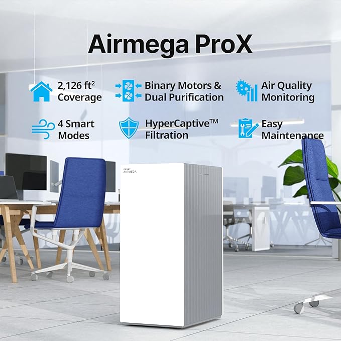 COWAY Air Purifiers for Large Room Whole Home Up to 4,253ft², 2 Sets of XL Washable Pre-Filters and HEPA Filters for Dual Purification, AQI, Turbo Mode, Timer, Wheels, 5yr Warranty, ProX(W)