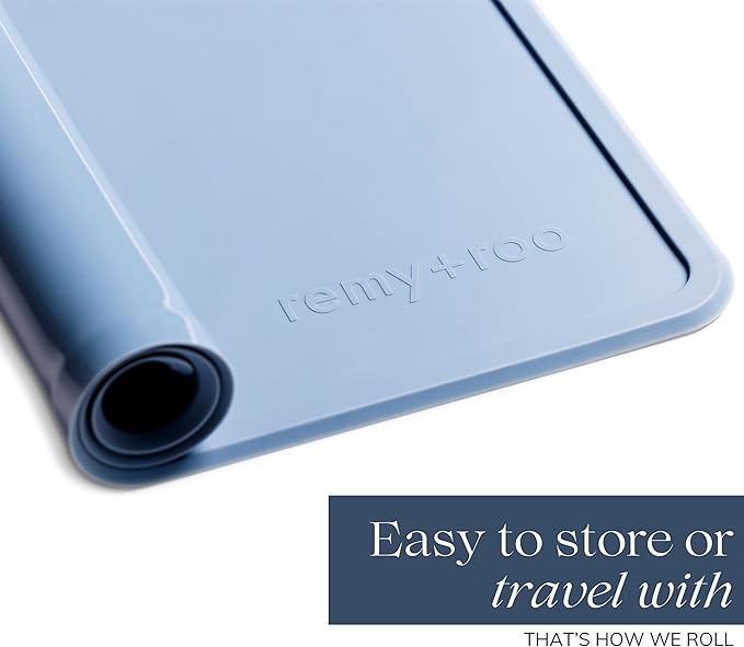 Remy+Roo Dusty Blue Silicone Dog Food Mat for Pet Bowl | 100% Waterproof | Non-Slip | Dishwasher Safe