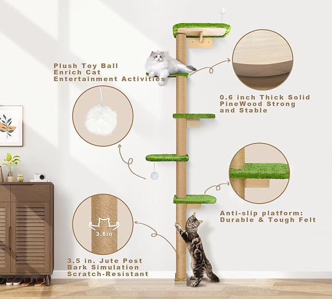Floor to Ceiling Cat Tree for Kittens, Wall Mounted Cat Wall Furniture with Green Plush Pads, 5 Platform Wild Simulation Climbing Tower, Adjustable Height