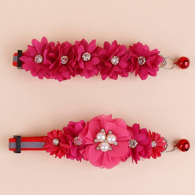 2 Pack Cat Collar Pink Floral with Bell and Removable Flower Bowtie Breakaway Adjustable Cat Collar for Girl Kitten Puppy Small Cats Dogs Daily Decoration (XQ102-5)
