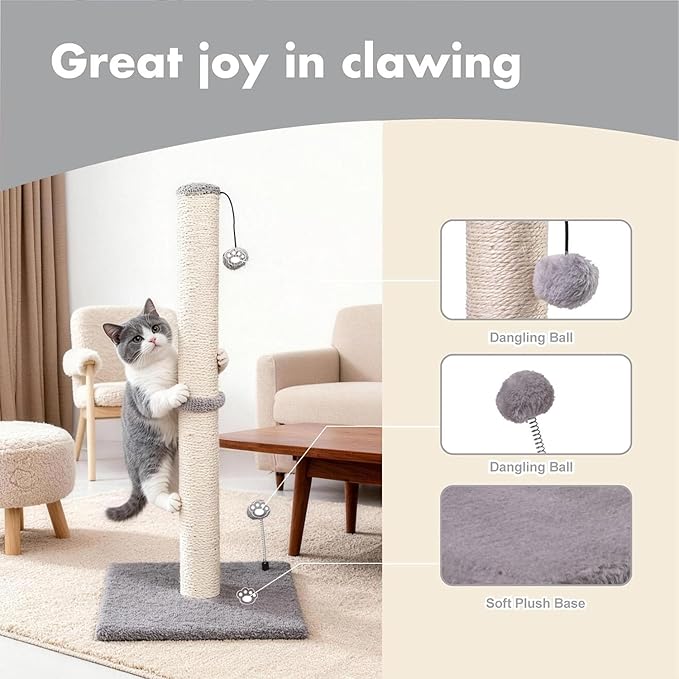 MECOOL 34“ Tall Cat Scratching Post Premium Basics Kitten Scratcher Sisal Scratch Posts Trees with Hanging Ball for Indoor Cats, Gray