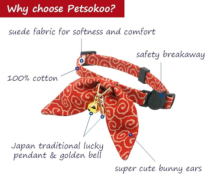 PetSoKoo Bunny Ears Cat Collar, Japan Lucky ‘開三運’ Charm. Safety Breakaway Bowtie Kitten Collar with Bell, Red