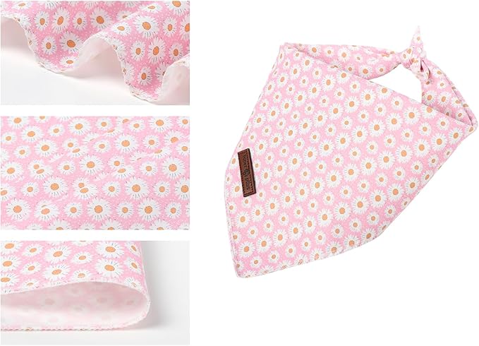 Lionet Paws Spring Daisy Dog Bandana Washable Cotton Handkerchief Scarf Triangle Pink Bandana for Small Medium Large Dogs Girl Boy