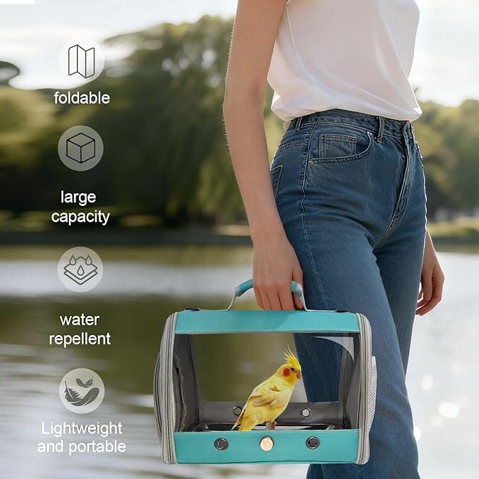 Long Tail Portable Bird Travel Carrier Cage with Metal Tray Soft Mat and Wooden Standing Perch, Hands Free Lightweight Clear 2 Windows Carry Bag for Parakeet Budgies Cockatiel Transport to Vet