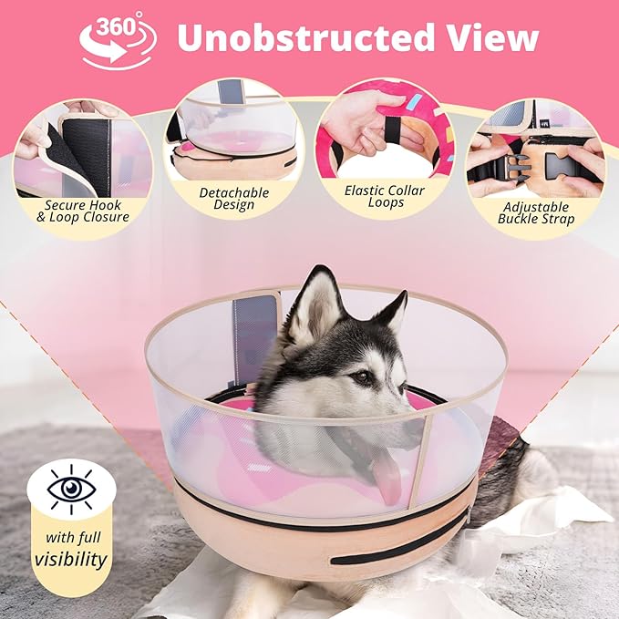 Inflatable Dog Cone with Transparent Shield, Protective Dog Donut Collar After Surgery to Stop Licking, Soft Donut Cone for Medium Pets, Adjustable Recovery Collar with Buckle Visibility