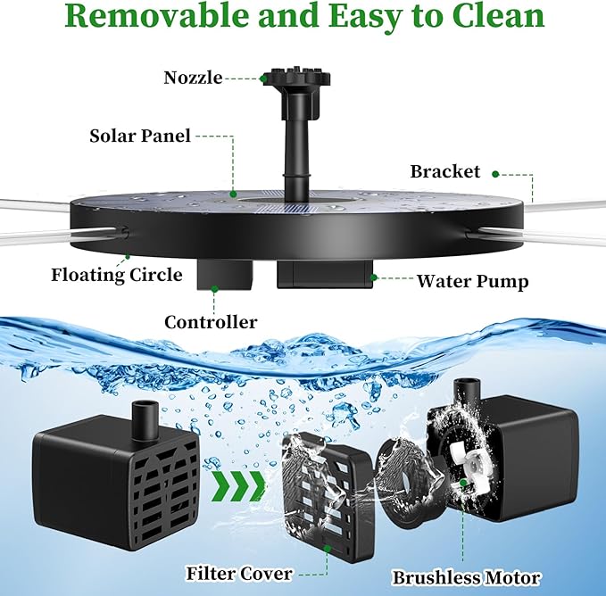 AISITIN 2.5W Solar Bird Bath Fountain Pump, Solar Fountain for Bird Bath with 6 Nozzles, 6.7" Solar Powered Water Pump for Garden, Ponds, Pool, Fish Tank, Aquarium and Outdoor
