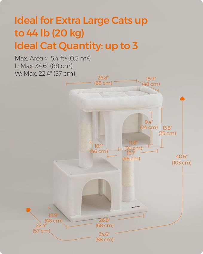 Feandrea Cat Tree, 40.6-Inch Cat Tower, Plush Condo for Extra Large Cats up to 44 lb, Large Perch, 2 Caves, Scratching Post, Cream White UPCT614T01