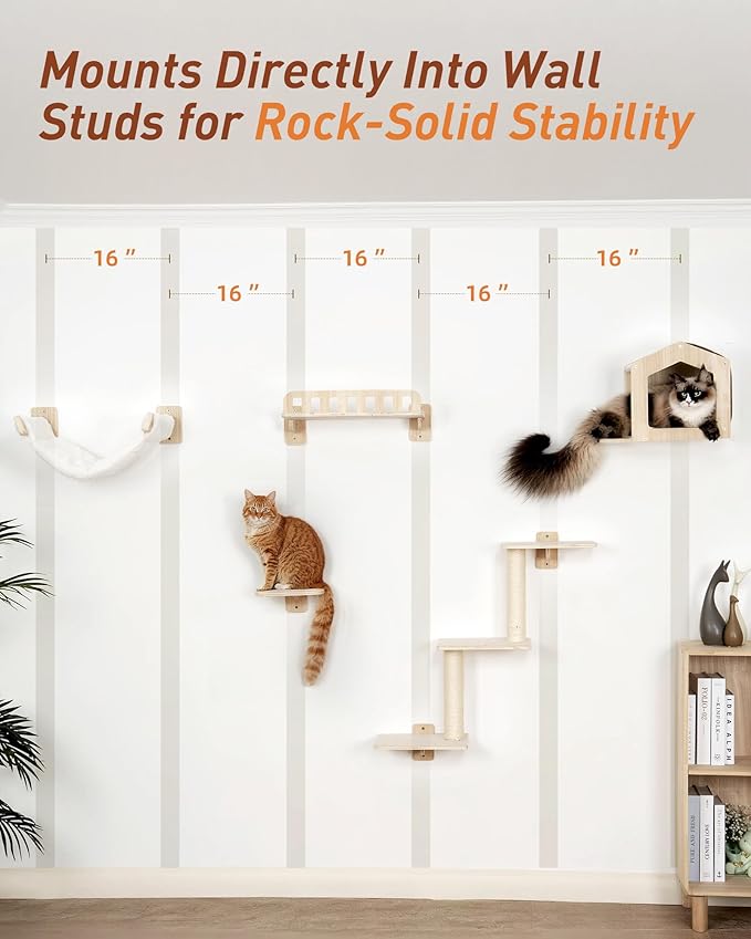 Cat Wall Shelves for Large Cats, 5-in-1 Cat Wall Furniture with Large Hammock and Wide Perch, Wooded Wall Climbing Furniture Set for Indoor Cats