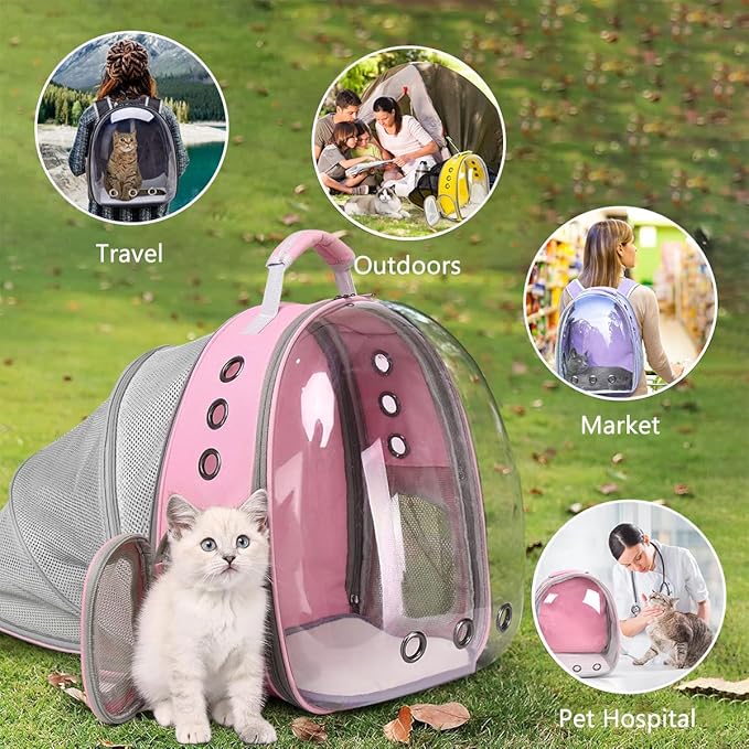 Cat Backpack Carrier Back Expandable Bubble Pet Carrier Backpack for Large Cat, Kitten and Dog, Designed for Hiking, Travelling and Outdoor Use (Back Expandable-Pink)