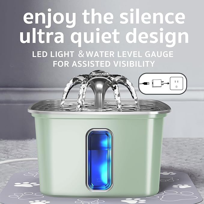 Veken Innovation Award Winner Stainless Steel Cat Water Fountain, 108oz/3.2L Automatic Pet Fountain Dog Water Dispenser with Replacement Filters & Silicone Mat for Cats, Dogs (Tea Green)