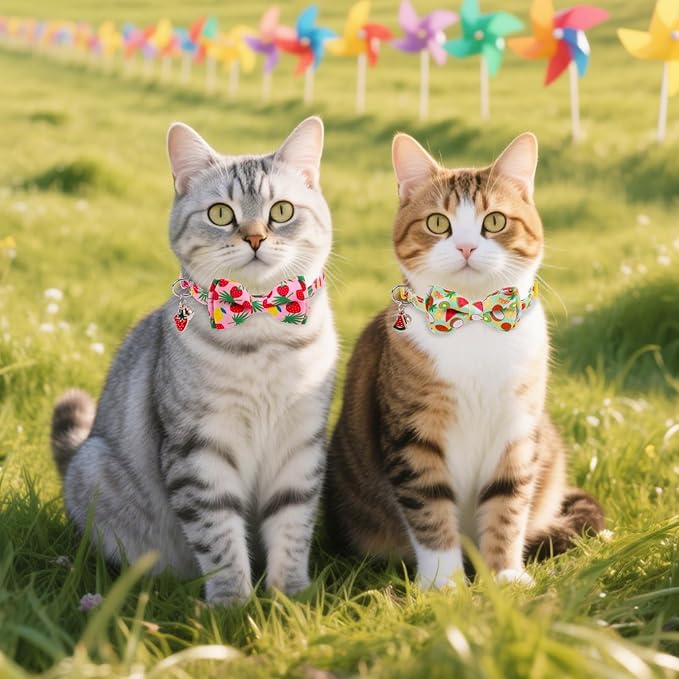 Cat Collar with Bell Bow Tie Fruit Breakaway Bowtie Cat Collar for Spring Summer, Adjustable Safety Kitten Collars with Removable Bowtie & Charm for Boys Girls Male Female Cats
